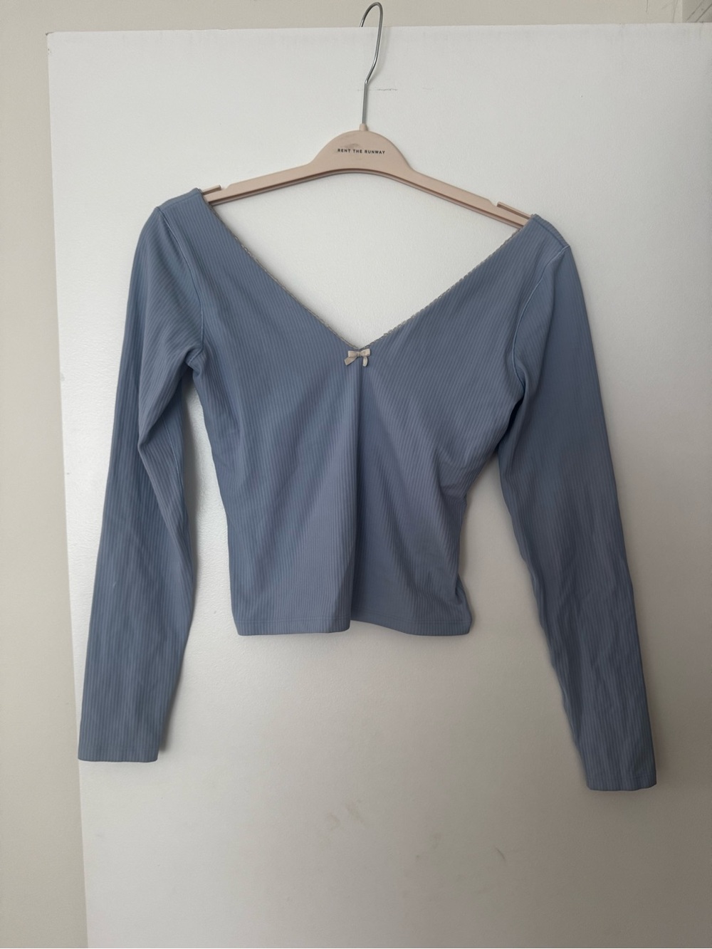Offline by Aerie Ribbed V-Neck Long-Sleeve Top in Dusty Blue Bow Detailing
